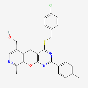 molecular formula C26H22ClN3O2S B2771187 (4-((4-chlorobenzyl)thio)-9-methyl-2-(p-tolyl)-5H-pyrido[4',3':5,6]pyrano[2,3-d]pyrimidin-6-yl)methanol CAS No. 892414-73-2