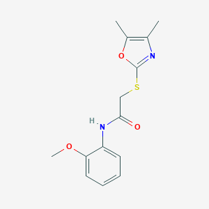 molecular formula C14H16N2O3S B277120 2-[(4,5-dimethyl-1,3-oxazol-2-yl)sulfanyl]-N-(2-methoxyphenyl)acetamide 