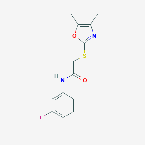 molecular formula C14H15FN2O2S B277122 2-[(4,5-dimethyl-1,3-oxazol-2-yl)sulfanyl]-N-(3-fluoro-4-methylphenyl)acetamide 