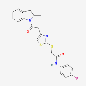 molecular formula C22H20FN3O2S2 B2771251 N-(4-fluorophenyl)-2-((4-(2-(2-methylindolin-1-yl)-2-oxoethyl)thiazol-2-yl)thio)acetamide CAS No. 942001-06-1
