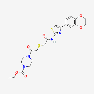 molecular formula C22H26N4O6S2 B2771272 Ethyl 4-(2-((2-((4-(2,3-dihydrobenzo[b][1,4]dioxin-6-yl)thiazol-2-yl)amino)-2-oxoethyl)thio)acetyl)piperazine-1-carboxylate CAS No. 681224-35-1