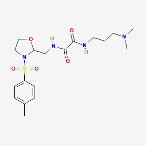 molecular formula C18H28N4O5S B2771316 N1-(3-(二甲胺基)丙基)-N2-((3-对甲苯磺酰氧噻唑啉-2-基)甲基)草酰胺 CAS No. 874805-88-6