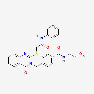 molecular formula C28H28N4O4S B2771320 N-(2-甲氧基乙基)-4-((4-氧代-2-((2-氧代-2-(邻甲苯基氨基)乙基)硫代喹唑啉-3(4H)-基)甲基)苯甲酰胺 CAS No. 1115324-27-0