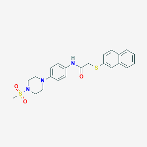 molecular formula C23H25N3O3S2 B277137 N-{4-[4-(methylsulfonyl)-1-piperazinyl]phenyl}-2-(2-naphthylsulfanyl)acetamide 