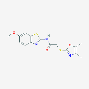 molecular formula C15H15N3O3S2 B277143 2-[(4,5-dimethyl-1,3-oxazol-2-yl)sulfanyl]-N-(6-methoxy-1,3-benzothiazol-2-yl)acetamide 