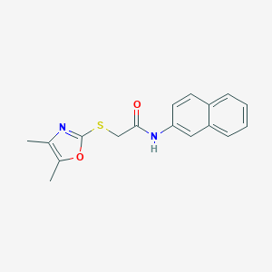 molecular formula C17H16N2O2S B277145 2-[(4,5-dimethyl-1,3-oxazol-2-yl)sulfanyl]-N-(2-naphthyl)acetamide 