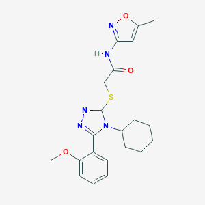 molecular formula C21H25N5O3S B277148 2-{[4-cyclohexyl-5-(2-methoxyphenyl)-4H-1,2,4-triazol-3-yl]sulfanyl}-N-(5-methyl-3-isoxazolyl)acetamide 