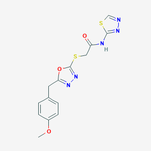 molecular formula C14H13N5O3S2 B277149 2-{[5-(4-methoxybenzyl)-1,3,4-oxadiazol-2-yl]sulfanyl}-N-(1,3,4-thiadiazol-2-yl)acetamide 