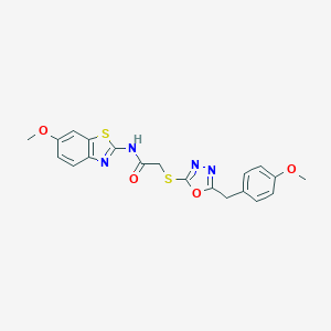 molecular formula C20H18N4O4S2 B277150 N-(6-methoxy-1,3-benzothiazol-2-yl)-2-{[5-(4-methoxybenzyl)-1,3,4-oxadiazol-2-yl]sulfanyl}acetamide 