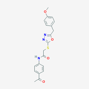 molecular formula C20H19N3O4S B277151 N-(4-acetylphenyl)-2-{[5-(4-methoxybenzyl)-1,3,4-oxadiazol-2-yl]sulfanyl}acetamide 