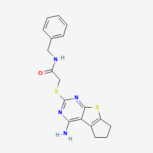 molecular formula C18H18N4OS2 B2771557 2-((4-氨基-6,7-二氢-5H-环戊[4,5]噻吩-2-基)硫代)-N-苯甲基乙酰胺 CAS No. 385420-89-3