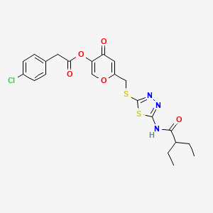 molecular formula C22H22ClN3O5S2 B2771635 6-(((5-(2-ethylbutanamido)-1,3,4-thiadiazol-2-yl)thio)methyl)-4-oxo-4H-pyran-3-yl 2-(4-chlorophenyl)acetate CAS No. 877642-25-6