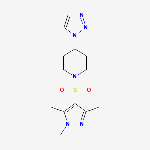 molecular formula C13H20N6O2S B2771666 4-(1H-1,2,3-triazol-1-yl)-1-((1,3,5-trimethyl-1H-pyrazol-4-yl)sulfonyl)piperidine CAS No. 2320505-14-2