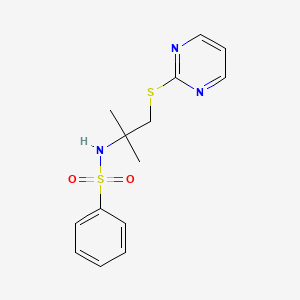 molecular formula C14H17N3O2S2 B2771760 N-[1,1-dimethyl-2-(2-pyrimidinylthio)ethyl]benzenesulfonamide CAS No. 831187-12-3