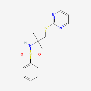 molecular formula C14H17N3O2S2 B2771760 N-[2-METHYL-1-(PYRIMIDIN-2-YLSULFANYL)PROPAN-2-YL]BENZENESULFONAMIDE CAS No. 831187-12-3