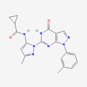 molecular formula C20H19N7O2 B2771862 N-(3-methyl-1-(4-oxo-1-(m-tolyl)-4,5-dihydro-1H-pyrazolo[3,4-d]pyrimidin-6-yl)-1H-pyrazol-5-yl)cyclopropanecarboxamide CAS No. 1172525-36-8