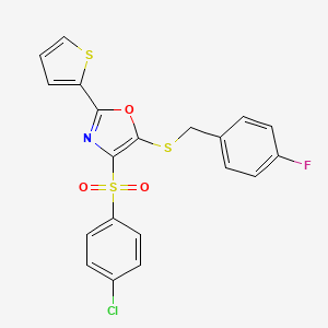 molecular formula C20H13ClFNO3S3 B2771885 4-((4-Chlorophenyl)sulfonyl)-5-((4-fluorobenzyl)thio)-2-(thiophen-2-yl)oxazole CAS No. 850928-15-3