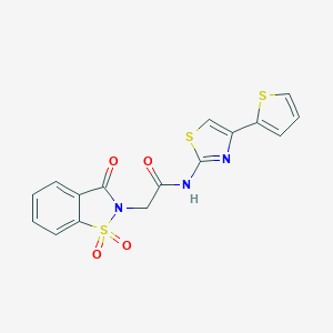 molecular formula C16H11N3O4S3 B277193 2-(1,1-dioxido-3-oxo-1,2-benzisothiazol-2(3H)-yl)-N-(4-thien-2-yl-1,3-thiazol-2-yl)acetamide 