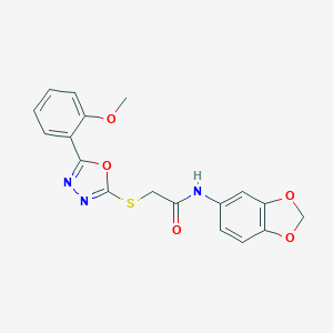 molecular formula C18H15N3O5S B277194 N-(1,3-benzodioxol-5-yl)-2-{[5-(2-methoxyphenyl)-1,3,4-oxadiazol-2-yl]sulfanyl}acetamide 