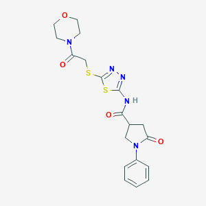 molecular formula C19H21N5O4S2 B277197 N-(5-{[2-(4-morpholinyl)-2-oxoethyl]sulfanyl}-1,3,4-thiadiazol-2-yl)-5-oxo-1-phenyl-3-pyrrolidinecarboxamide 