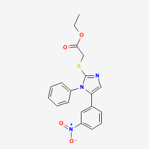 molecular formula C19H17N3O4S B2772002 乙酸乙酯 2-((5-(3-硝基苯基)-1-苯基-1H-咪唑-2-基)硫)乙酸酯 CAS No. 1235631-60-3