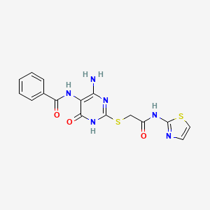 molecular formula C16H14N6O3S2 B2772007 N-(4-氨基-6-氧代-2-((2-氧代-2-(噻唑-2-基氨基)乙基)硫)-1,6-二氢嘧啶-5-基)苯甲酰胺 CAS No. 888414-22-0