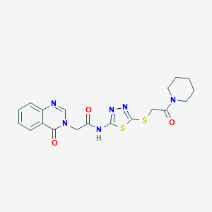 molecular formula C19H20N6O3S2 B277201 N-(5-{[2-oxo-2-(piperidin-1-yl)ethyl]sulfanyl}-1,3,4-thiadiazol-2-yl)-2-(4-oxoquinazolin-3(4H)-yl)acetamide 
