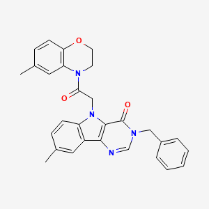 molecular formula C29H26N4O3 B2772028 3-benzyl-8-methyl-5-(2-(6-methyl-2H-benzo[b][1,4]oxazin-4(3H)-yl)-2-oxoethyl)-3H-pyrimido[5,4-b]indol-4(5H)-one CAS No. 1185106-40-4