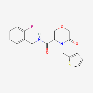 molecular formula C17H17FN2O3S B2772093 N-(2-fluorobenzyl)-5-oxo-4-(thiophen-2-ylmethyl)morpholine-3-carboxamide CAS No. 1421446-43-6