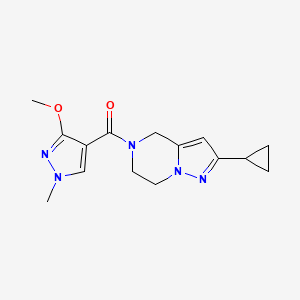 molecular formula C15H19N5O2 B2772169 (2-cyclopropyl-6,7-dihydropyrazolo[1,5-a]pyrazin-5(4H)-yl)(3-methoxy-1-methyl-1H-pyrazol-4-yl)methanone CAS No. 2034555-74-1