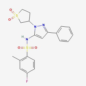 molecular formula C20H20FN3O4S2 B2772172 N-(1-(1,1-二氧代四氢噻吩-3-基)-3-苯基-1H-吡唯-5-基)-4-氟-2-甲基苯磺酰胺 CAS No. 1170160-74-3