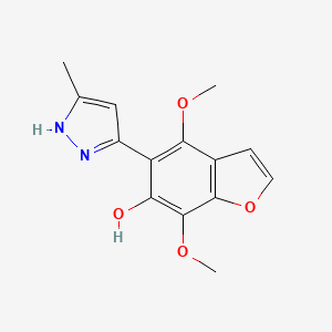 molecular formula C14H14N2O4 B2772189 4,7-dimethoxy-5-(3-methyl-1H-pyrazol-5-yl)-1-benzofuran-6-ol CAS No. 109508-83-0