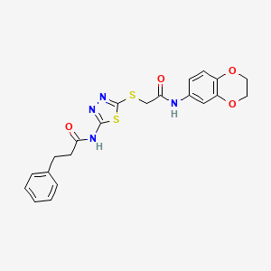 molecular formula C21H20N4O4S2 B2772228 N-(5-((2-((2,3-二氢苯并[b][1,4]二氧杂环-6-基)氨基)-2-氧代乙基)硫代-1,3,4-噻二唑-2-基)-3-苯基丙酰胺 CAS No. 868977-13-3