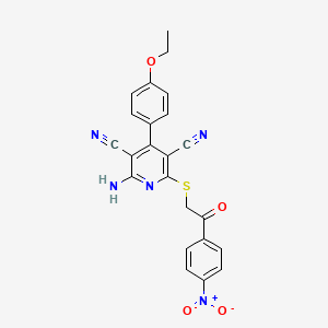 molecular formula C23H17N5O4S B2772233 2-Amino-4-(4-ethoxyphenyl)-6-((2-(4-nitrophenyl)-2-oxoethyl)thio)pyridine-3,5-dicarbonitrile CAS No. 361477-93-2