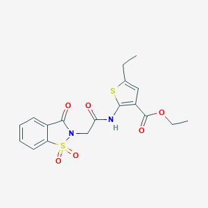 molecular formula C18H18N2O6S2 B277224 ethyl 2-{[(1,1-dioxido-3-oxo-1,2-benzisothiazol-2(3H)-yl)acetyl]amino}-5-ethyl-3-thiophenecarboxylate 