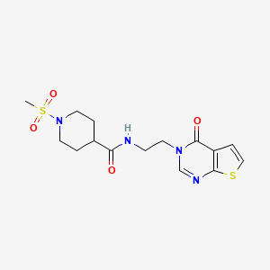 molecular formula C15H20N4O4S2 B2772277 1-(methylsulfonyl)-N-(2-(4-oxothieno[2,3-d]pyrimidin-3(4H)-yl)ethyl)piperidine-4-carboxamide CAS No. 2034320-50-6