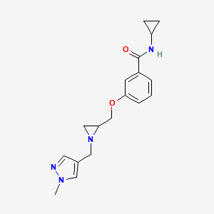 molecular formula C18H22N4O2 B2772310 N-Cyclopropyl-3-[[1-[(1-methylpyrazol-4-yl)methyl]aziridin-2-yl]methoxy]benzamide CAS No. 2418707-40-9
