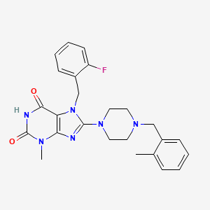 molecular formula C25H27FN6O2 B2772327 7-[(2-氟苯基)甲基]-3-甲基-8-{4-[(2-甲基苯基)甲基]哌嗪基}-1,3,7-三氢嘌呤-2,6-二酮 CAS No. 886909-29-1