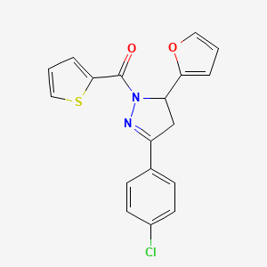 molecular formula C18H13ClN2O2S B2772345 (3-(4-chlorophenyl)-5-(furan-2-yl)-4,5-dihydro-1H-pyrazol-1-yl)(thiophen-2-yl)methanone CAS No. 488090-01-3