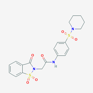 molecular formula C20H21N3O6S2 B277237 2-(1,1-dioxido-3-oxo-1,2-benzisothiazol-2(3H)-yl)-N-[4-(1-piperidinylsulfonyl)phenyl]acetamide 