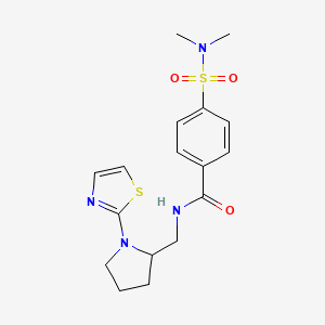 molecular formula C17H22N4O3S2 B2772395 4-(N,N-二甲基磺酰氨基)-N-((1-(噻嘧-2-基)吡咯啉-2-基)甲基)苯甲酰胺 CAS No. 1788844-18-7