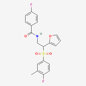 molecular formula C20H17F2NO4S B2772411 4-氟-N-[2-[(4-氟-3-甲基苯基)磺酰]-2-(2-呋喃基)乙基]苯甲酰胺 CAS No. 946319-34-2