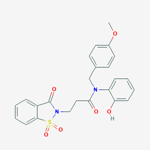 molecular formula C24H22N2O6S B277252 3-(1,1-dioxido-3-oxo-1,2-benzisothiazol-2(3H)-yl)-N-(2-hydroxyphenyl)-N-(4-methoxybenzyl)propanamide 