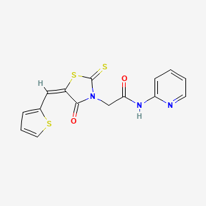 molecular formula C15H11N3O2S3 B2772554 (E)-2-(4-oxo-5-(thiophen-2-ylmethylene)-2-thioxothiazolidin-3-yl)-N-(pyridin-2-yl)acetamide CAS No. 637317-87-4