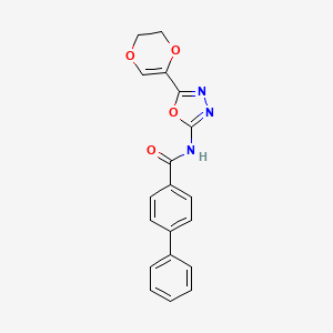 molecular formula C19H15N3O4 B2772556 N-(5-(5,6-dihydro-1,4-dioxin-2-yl)-1,3,4-oxadiazol-2-yl)-[1,1'-biphenyl]-4-carboxamide CAS No. 851094-77-4