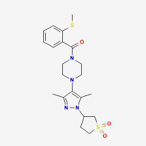 molecular formula C21H28N4O3S2 B2772560 (4-(1-(1,1-dioxidotetrahydrothiophen-3-yl)-3,5-dimethyl-1H-pyrazol-4-yl)piperazin-1-yl)(2-(methylthio)phenyl)methanone CAS No. 1286705-66-5