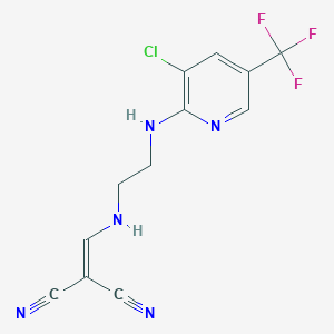 molecular formula C12H9ClF3N5 B2772587 2-[[2-[[3-氯-5-(三氟甲基)吡啶-2-基]氨基]乙基氨基]甲基亚丙二腈 CAS No. 303144-35-6