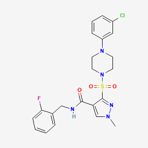molecular formula C22H23ClFN5O3S B2772590 3-{[4-(3-chlorophenyl)piperazin-1-yl]sulfonyl}-N-[(2-fluorophenyl)methyl]-1-methyl-1H-pyrazole-4-carboxamide CAS No. 1189857-04-2