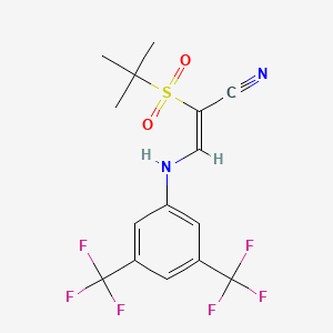 molecular formula C15H14F6N2O2S B2772631 2-((叔丁基)磺酰)-3-((3,5-二(三氟甲基)苯基)氨基)丙-2-烯腈 CAS No. 1025311-62-9