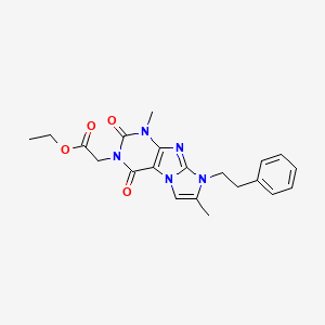 molecular formula C21H23N5O4 B2772666 ethyl 2-(1,7-dimethyl-2,4-dioxo-8-phenethyl-1H-imidazo[2,1-f]purin-3(2H,4H,8H)-yl)acetate CAS No. 887468-28-2
